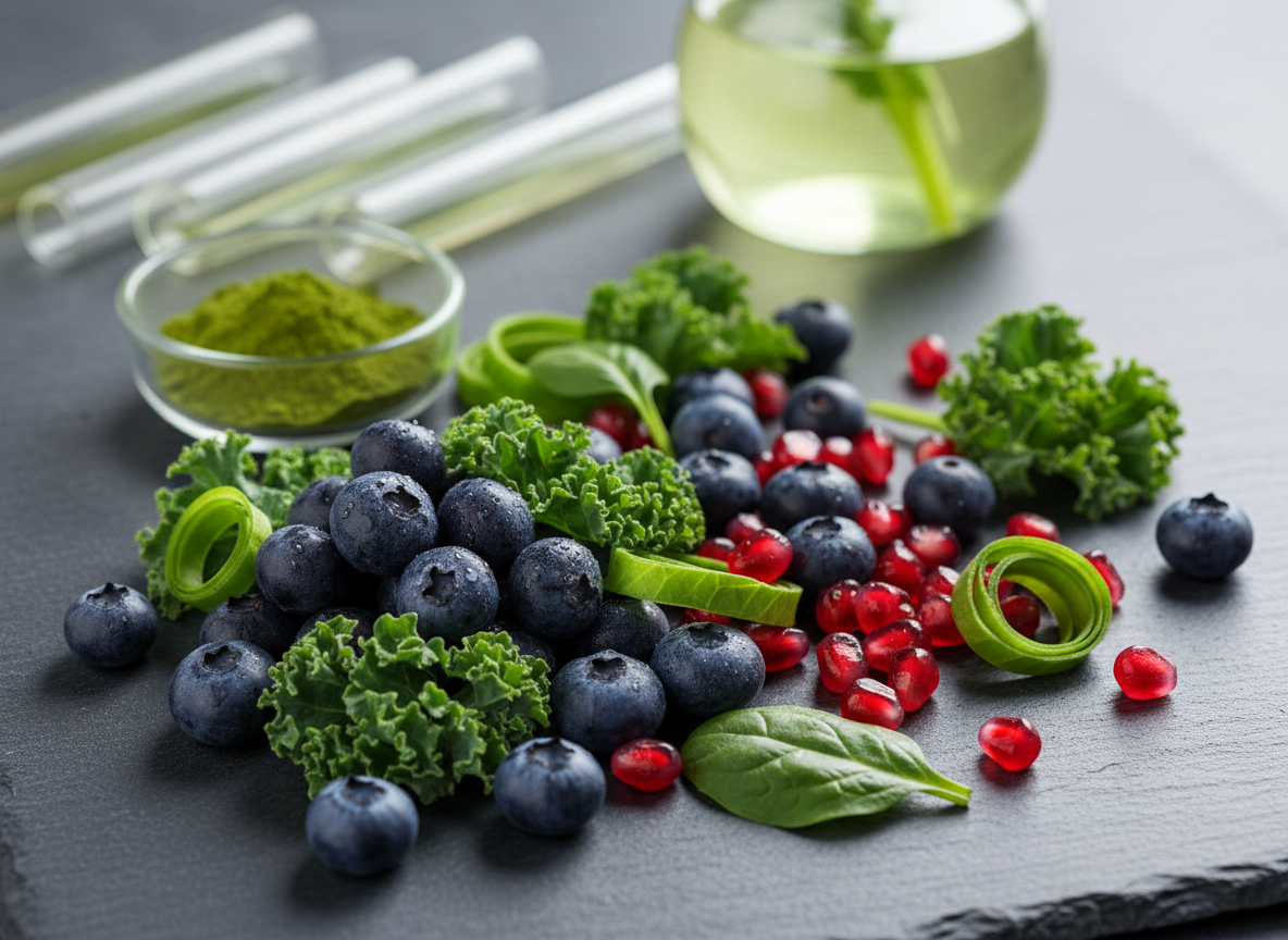 A close-up, photographic-realistic macro scene of antioxidant-rich natural ingredients associated with longevity, carefully arranged on a cool slate surface. Deep-blue berries with a light dewy sheen, sliced bright-green leaves, pomegranate seeds like tiny rubies, and a small glass dish of vivid green matcha powder form an intricate composition. In the background, softly blurred scientific glassware—test tubes and a beaker with a faint green herbal infusion—hint at evidence-based natural medicine. Soft, directional studio lighting from the upper right creates gentle highlights on the fruit skins and subtle texture in the slate, casting fine, controlled shadows. Shot from an overhead angle with a balanced, graphic composition, the mood is precise, scientific, and optimistic, emphasizing purity, potency, and advanced natural health solutions.