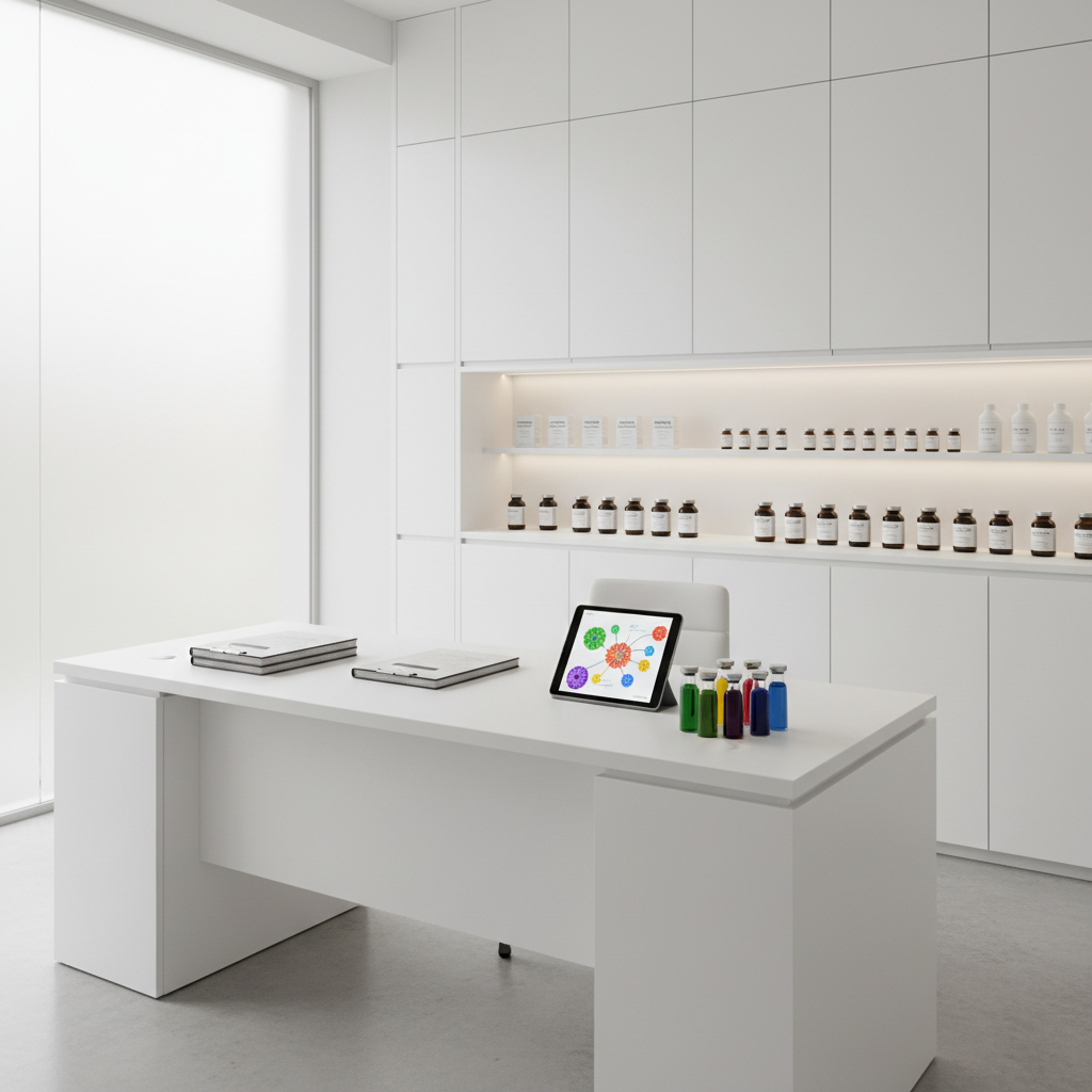 An elegant, minimalist consultation space dedicated to natural anti-aging medicine, shown without any people. A wide, pristine white desk holds neatly stacked patient charts, a sleek tablet displaying a colorful anatomical illustration of cellular health, and a small arrangement of glass vials containing vibrant herbal extracts. Along the back wall, built-in white cabinetry houses impeccably organized rows of labeled natural supplements and tinctures in glass containers. Soft, diffused daylight enters through a large frosted window, producing even, flattering illumination and barely-there shadows. Photographic realism from a slightly elevated angle, capturing the full room with sharp focus, a clean, modern aesthetic, and a calm, authoritative atmosphere that communicates world-leading professionalism.