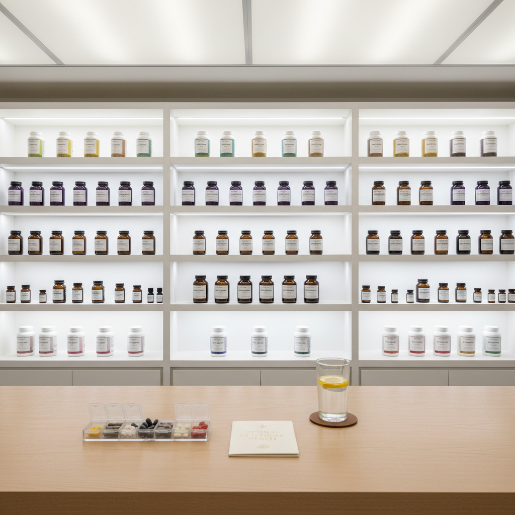 An inviting, high-end natural medicine dispensary focused on longevity support, rendered in clean photographic realism. Long, backlit white shelving stretches across the frame, holding meticulously aligned glass bottles of herbal formulas, biophotonic violet jars, and minimalist white supplement containers with discrete, professional labeling. In the foreground, a polished light-wood counter displays a curated selection of anti-aging protocols: a sleek pill organizer, a glass of filtered water with a lemon slice, and a small informational booklet titled "Optimal Cellular Health". Soft, indirect ceiling lighting and subtle under-shelf LEDs create a gentle, even glow that highlights the clarity of the glass and the purity of the products. Captured from a straight-on, eye-level viewpoint with moderate depth of field, the atmosphere feels calm, precise, and reassuringly expert.