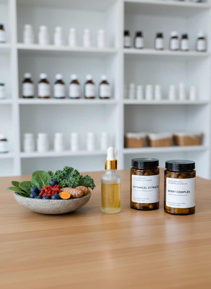A meticulously arranged still life of natural anti-aging remedies displayed on a smooth, pale oak surface. In the center, a frosted glass dropper bottle filled with a faintly golden herbal serum stands beside neatly labeled amber jars of botanical capsules and a small stone bowl overflowing with fresh green leaves, berries, and roots. Behind them, a soft-focus background of clean white shelves holding neatly organized natural medicine containers suggests a modern clinic dispensary. Cool daylight from an unseen window washes in from the left, creating crisp yet gentle shadows and subtle reflections on the glass. Photographic realism at eye level, with a shallow depth of field and a calm, professional atmosphere that feels clinical yet warmly holistic.