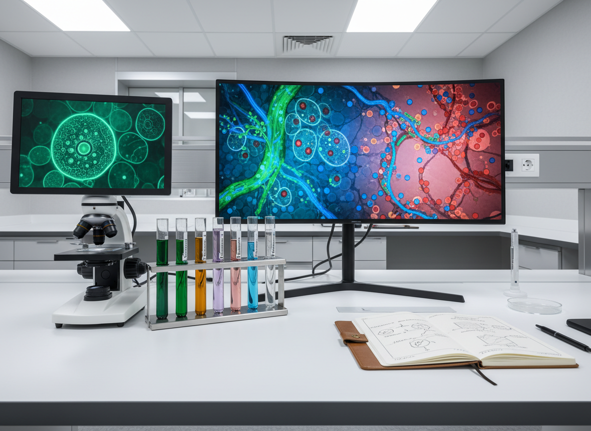 A diagnostic workstation for advanced anti-aging natural medicine, presented in photographic realism. On a spacious, matte white desk sits a high-resolution monitor displaying a detailed, full-color visualization of human cells with highlighted pathways related to aging. Beside it are neatly arranged lab tools: a digital microscope focused on a glass slide of plant tissue, a row of crystal-clear test tubes containing differently tinted botanical extracts, and a small notebook open to a diagram of hormone balance. The environment is a modern, softly lit clinical lab with cool-toned walls and subtle chrome accents. Overhead LED lighting provides even, shadow-free illumination, giving every surface crisp clarity. Shot from an eye-level perspective with a slight three-quarter angle, the composition feels cutting-edge yet orderly, conveying rigorous, world-leading scientific professionalism in the natural medicine space.
